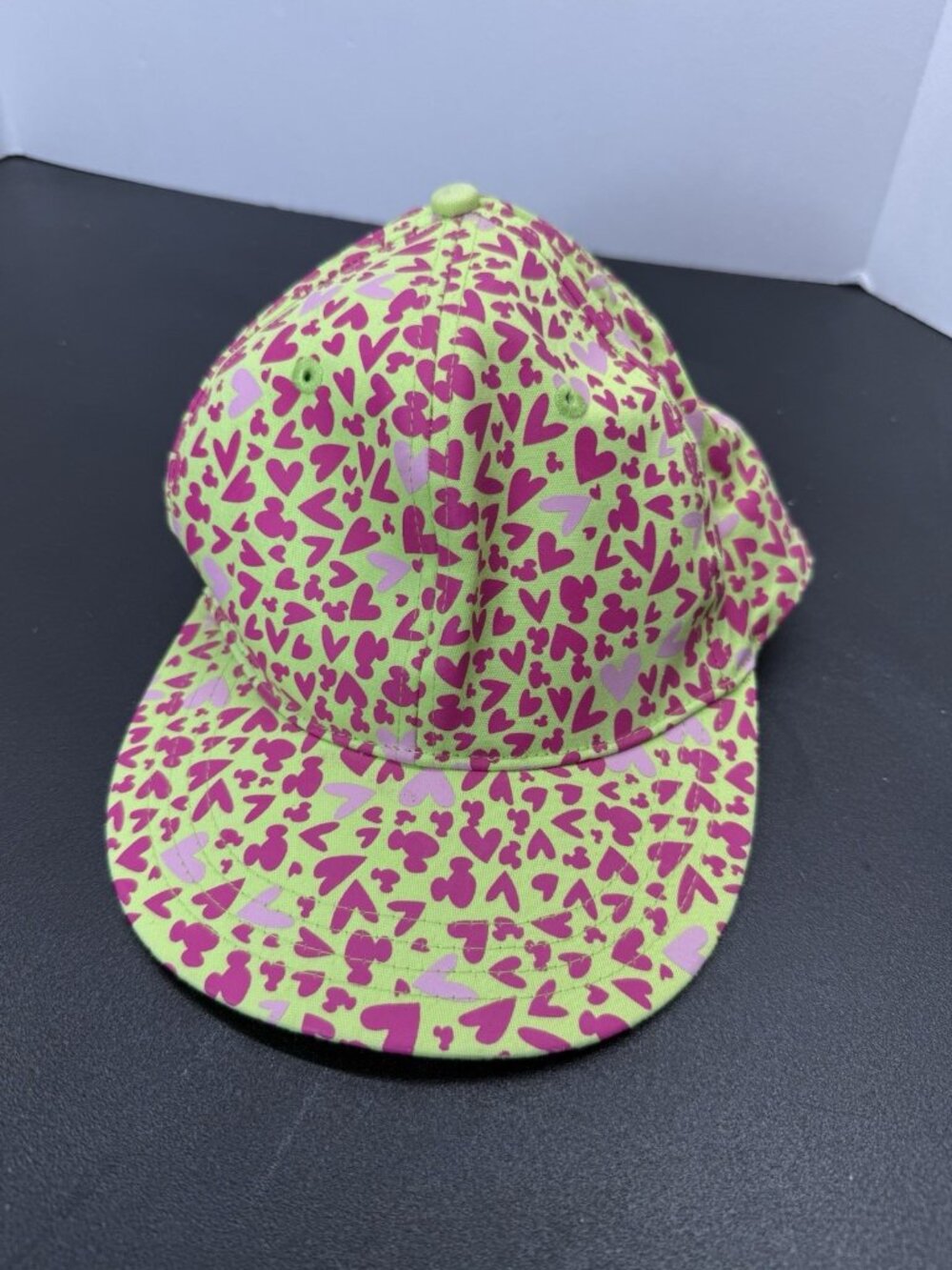 Disney Parks Mickey Ear Green Cap Pink Hearts Graphic Edge Collection Hat